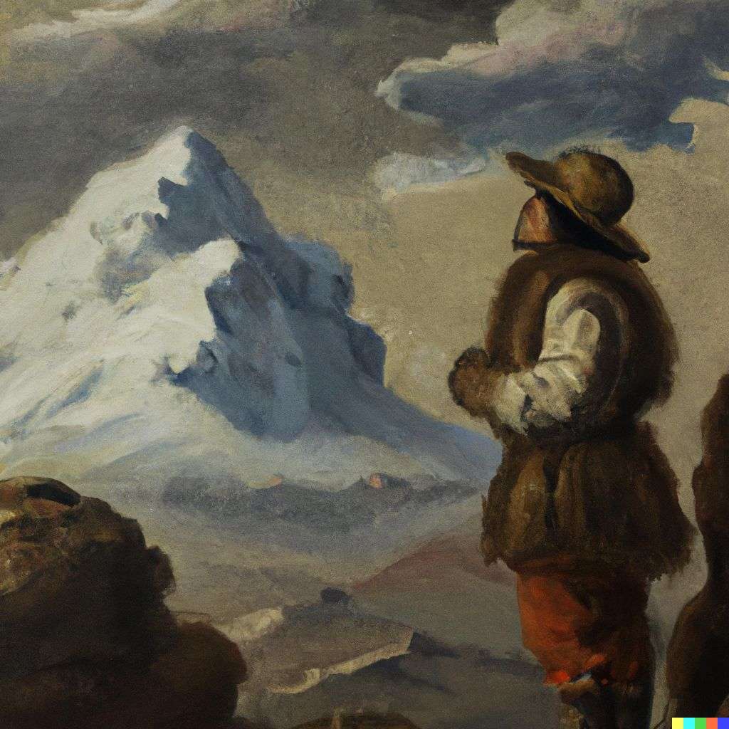 someone gazing at Mount Everest, painting by Diego Velazquez